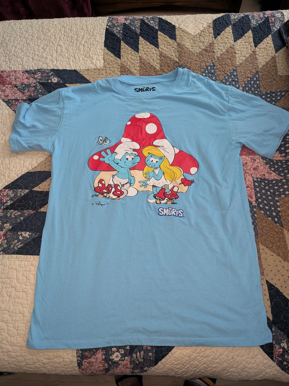 "Custom Embroidered Upcycled Smurfs Graphic Teal blue Tee" Size M